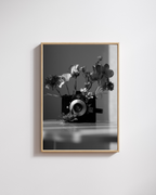 Zwart-witte Flower Aperture fine art poster van Bloom Archives met een vintage camera gevuld met bloemen, als artistieke fotografie voor stijlvolle wanddecoratie.