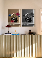 Duo gallery wall met de Flower Aperture fine art posters van Bloom Archives in kleur en zwart-wit, met artistieke fotografie van een vintage camera gevuld met bloemen als stijlvolle wanddecoratie.
