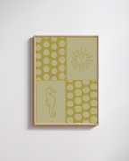 Seaside Stories fine art poster van Bloom Archives met grafisch kustdesign in olijfgroene tinten, met zon-, zeepaard- en speelse patroonillustraties als moderne wanddecoratie.